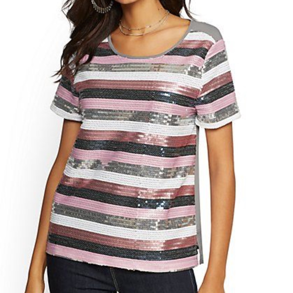 New York & Company Sequin T-Shirt Blouse Top XS